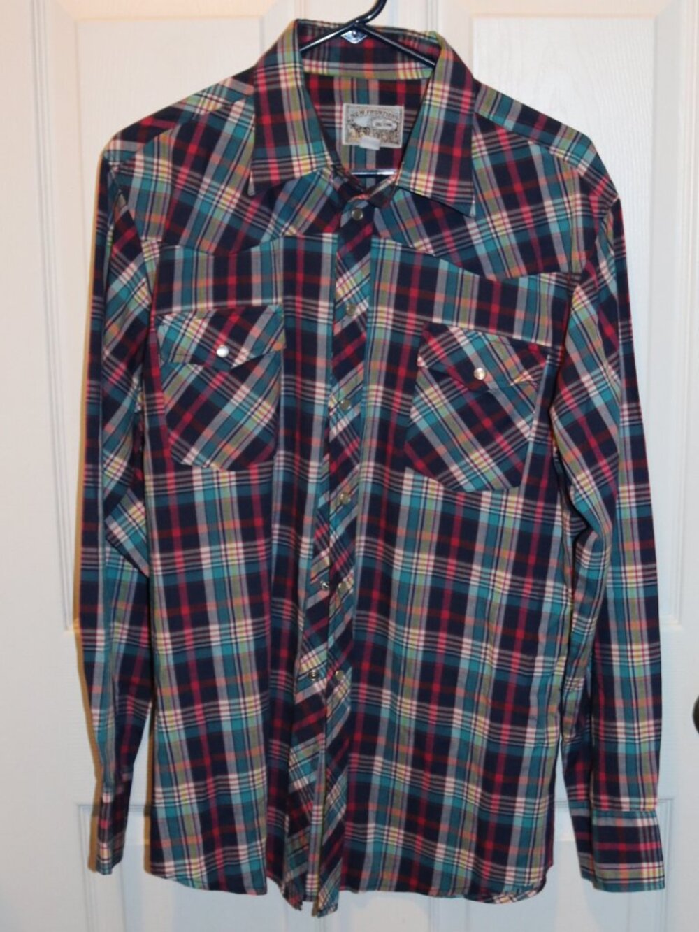 New Frontier Western Mens Pearl Snap Shirt Large Red Plaid Long-sleeve Big Yank